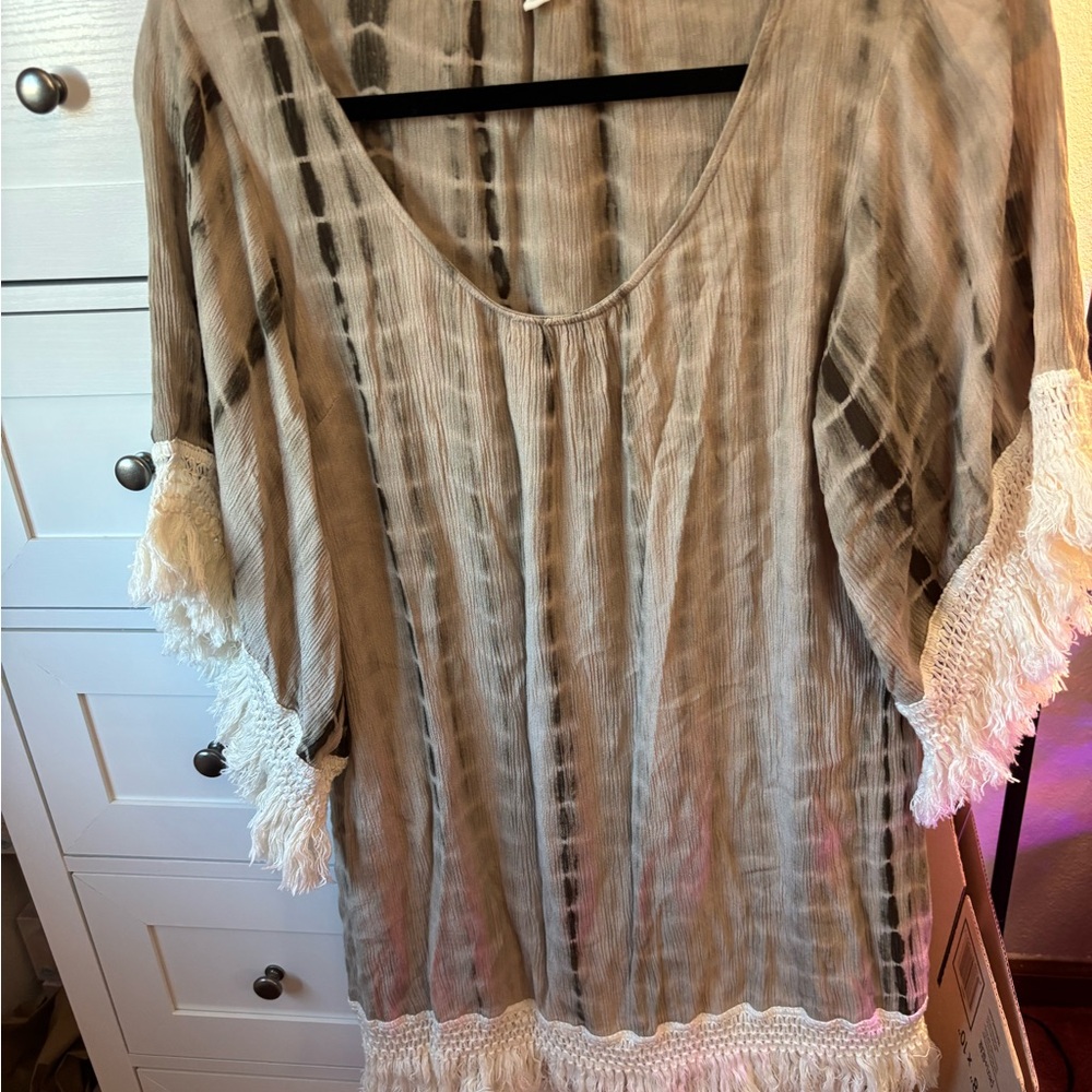 Umgee Brown and Cream Tie-Dye Fringe Tunic Dress Size M